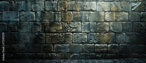 A brick wall illuminated by a bright light  creating shadows and highlighting the texture of the bricks.