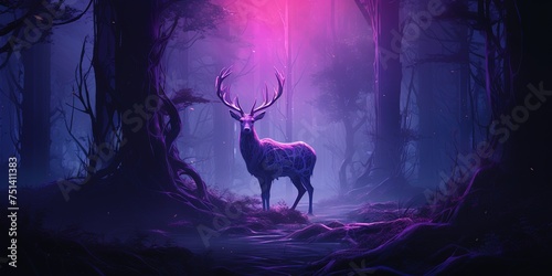 Vibrant purple neon lit deer stands in a darkened forest, creating an ethereal ambiance © Coosh448
