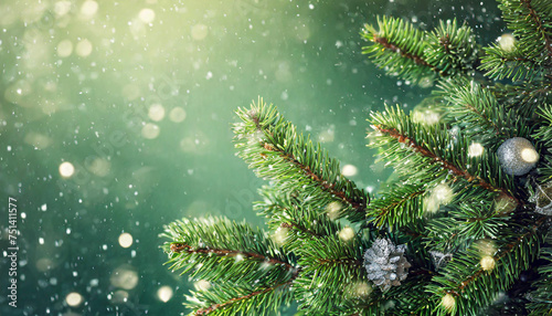 Beautiful green fir tree branches close up. Christmas and winter concept