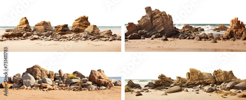 Set of varied rock formations arranged on smooth sea sand surface, cut out