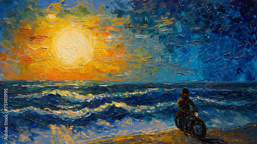 Van Gogh-style illustration of a biker teenager chasing waves
 photo