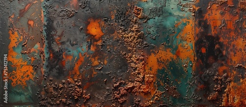 A weathered metal surface with intense rust and patches of green and orange paint creating a striking contrast and texture.