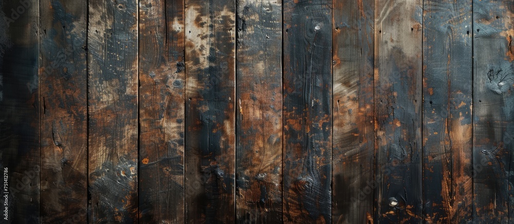 A close-up view of a dark brown wooden wall with peeling paint, showcasing a grunge texture and aged appearance. The worn paint reveals the raw wood underneath, creating a visually captivating scene.