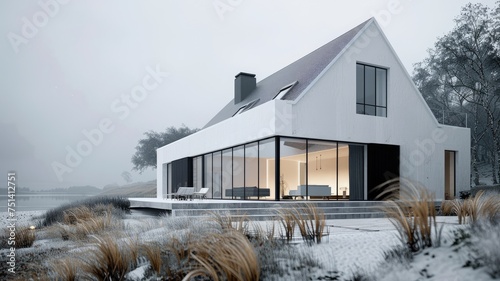 a house adorned in white-black colors, exuding the essence of Nordic style with its clean lines, minimalist design, and harmonious balance of light and dark elements.