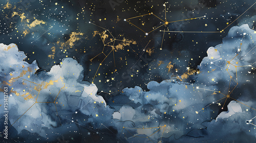 Night sky with gold constellations stars and clouds painted in watercolor. photo