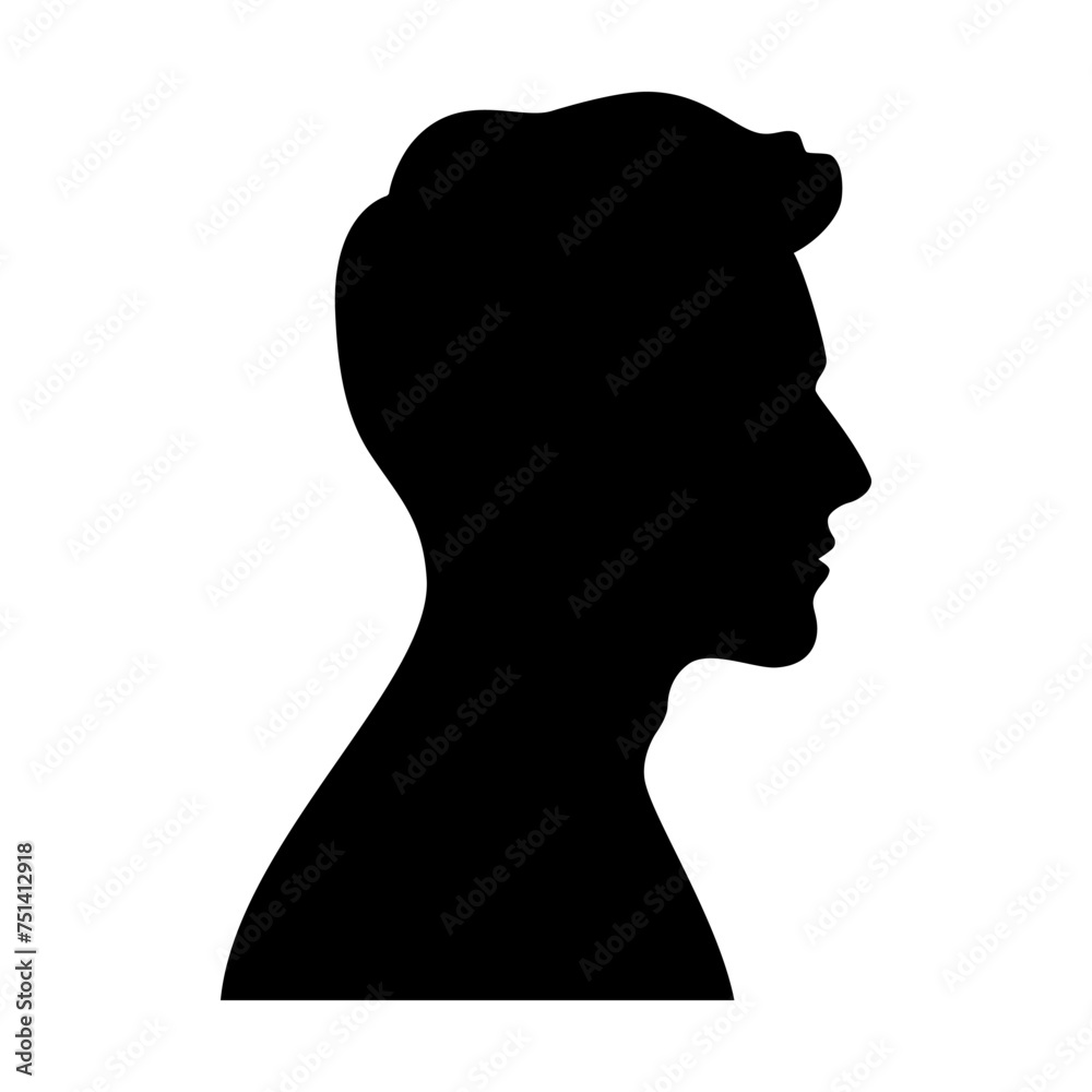 Black silhouette of man, male head portrait in profile, handsome young guy vector illustration