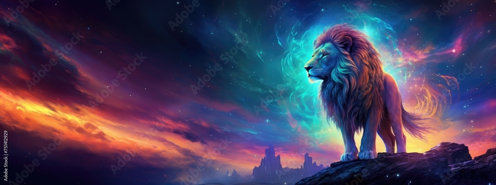 African lion, mane infused with stardust, gazes nobly against a backdrop of celestial bodies, nebulae, and a distant planet, embodying cosmic majesty. - obrazy, fototapety, plakaty 