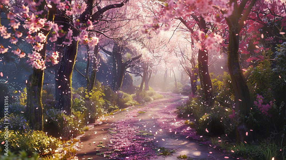 a path with beautiful spring sakura flowers on cherry blossom trees. . a path with beautiful spring sakura flowers on cherry blossom trees. .