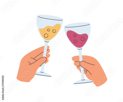 Couple hands with wine glasses cheering together. Celebrate a drink on a special day. Flat cartoon style vector illustration isolated on white background