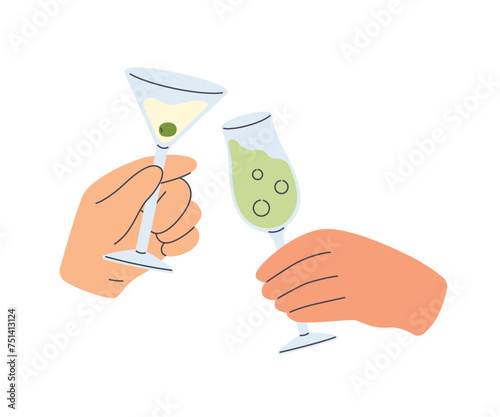 Couple hands holding glasses with cocktail. Cheering and drinking together. Flat cartoon style vector illustration isolated on white background
