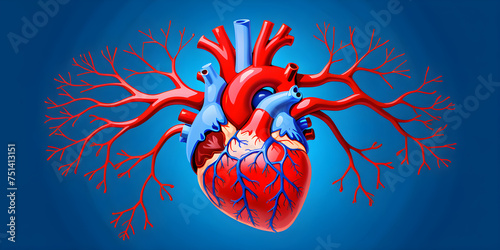Stylized human human heart with veins, arteries and blood vessels on blue background. Medical neuron cardiovascular connection
