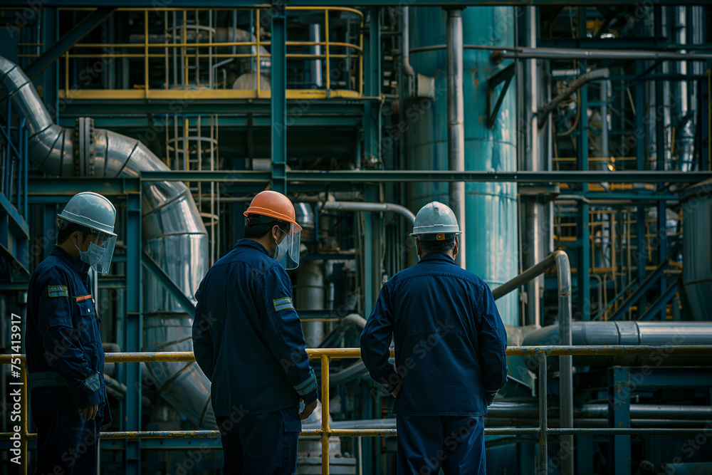 Back view of Chemical industry factory workers checking pipes and machines at the refinery wearing uniform and hard hat