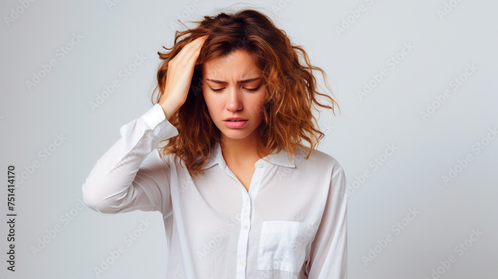 Woman with stressed facial expression portrait - ai generative Woman with stressed facial expression portrait - ai generative