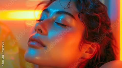 Young woman in infrared sauna urrounded by soft, warm light, self-care holistic health therapy concept. Generative ai