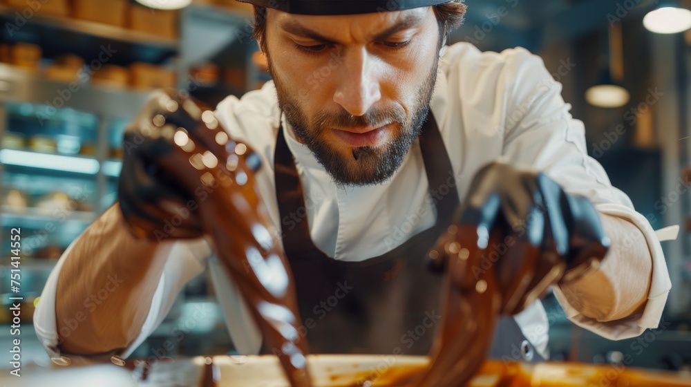 Man chocolatier in apron and black food gloves making artisan homemade bonbon chocolate. Baker or chocolatier preparing chocolate bonbons. World chocolate day concept. Generative ai