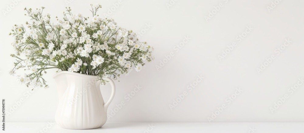Elegant white vase with delicate white flowers on a table at a wedding reception