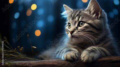 Whiskers and wonder A gray tabby kitten lies amidst a dream soft blue bokeh lighting its curious gaze