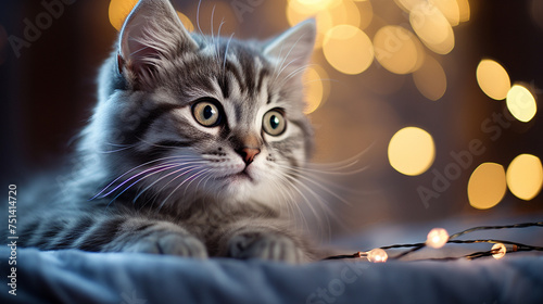 Whiskers and wonder A gray tabby kitten lies amidst a dream soft blue bokeh lighting its curious gaze © Thanapipat