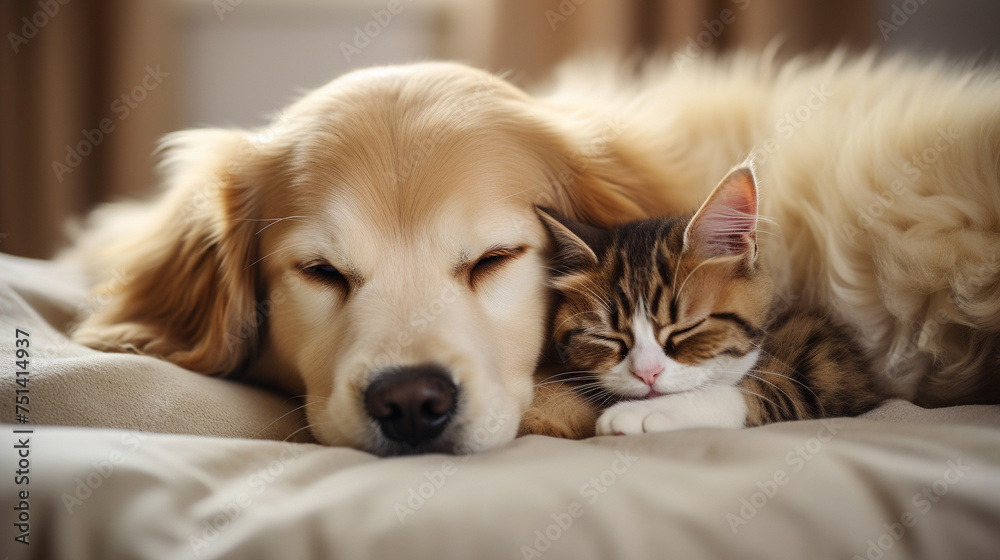 Harmony in hues A cat and dog against a soft beige backdrop a serene tableau with room for thought