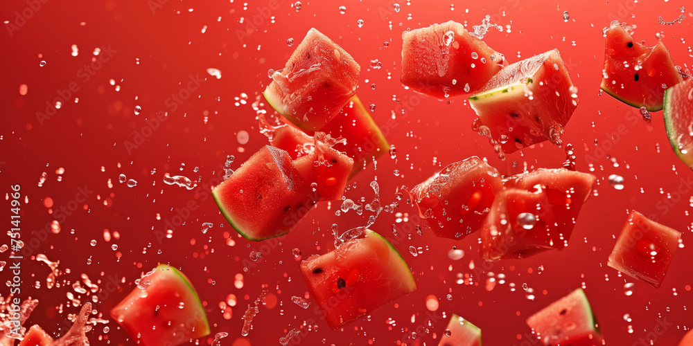 Flying, levitating air levitating watermelon slices with water drops on a red background Flying, levitating air levitating watermelon slices with water drops on a red background