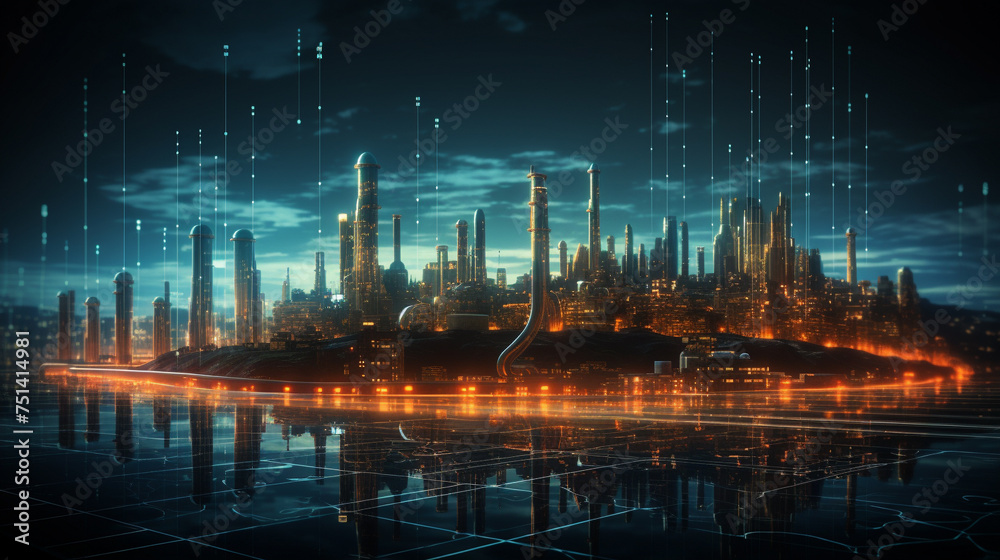 Futuristic refinery silhouette against dusk hologram data charts mapping the pulse of oils global dance
