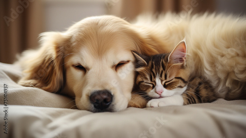 Harmony in hues A cat and dog against a soft beige backdrop a serene tableau with room for thought