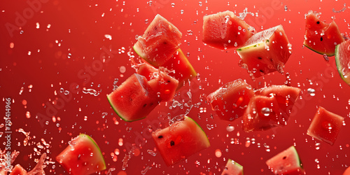Flying, levitating air levitating watermelon slices with water drops on a red background