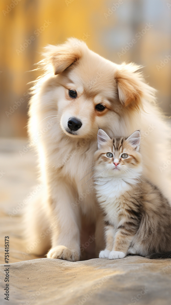 A cat and dog serene against beige offering a snapshot of unity in a world craving harmony A cat and dog serene against beige offering a snapshot of unity in a world craving harmony