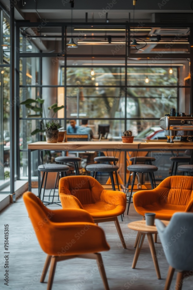 Cozy and stylish modern office interior with vibrant orange armchairs and natural light Cozy and stylish modern office interior with vibrant orange armchairs and natural light
