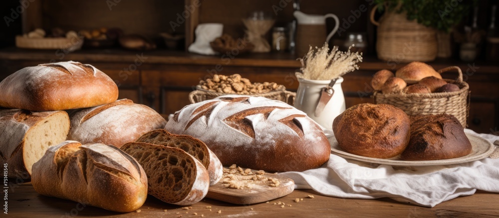 A variety of delicious homemade artisan sourdough bread and pastries laid out on a table, ready to be enjoyed by bread lovers and pastry enthusiasts alike.