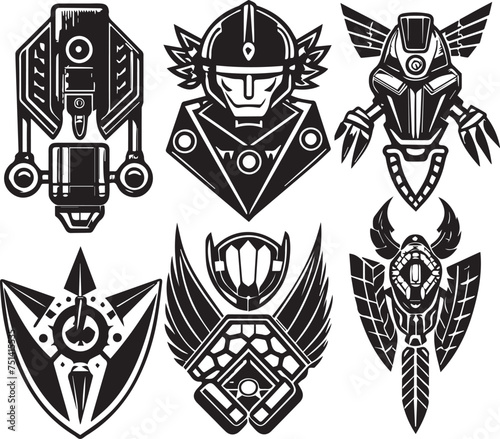 Set Greyscale cyberpunk video game symbol. Hand drawn vector illustration photo