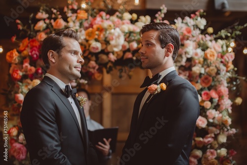 Elegant gay wedding with floral backdrop