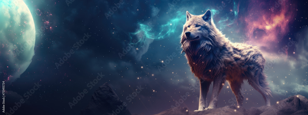 Wolf on cosmic background with space, stars, nebulae, vibrant colors, flames; digital art in fantasy style, featuring astronomy elements, celestial themes, interstellar ambiance - obrazy, fototapety, plakaty 