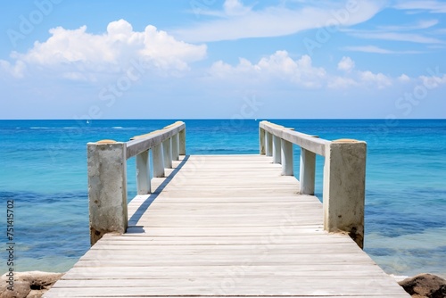 a wooden dock with railings leading to the ocean © White