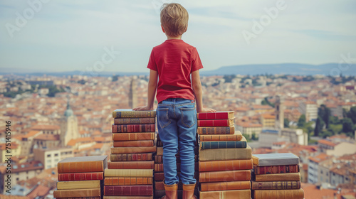 A pupil stands atop a pyramid of books overlooking a hill view. Ai generative illustration photo