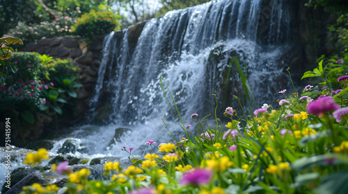 Spring Blossoms Adorning Waterfall  Serene Scene with Wildflowers or Cherry Blossoms in Full Bloom