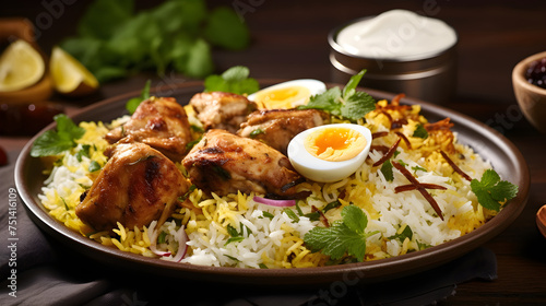 Authentic Indian Biryani Served with Raita and Garnished with Fresh Mint Leaves and Boiled Eggs