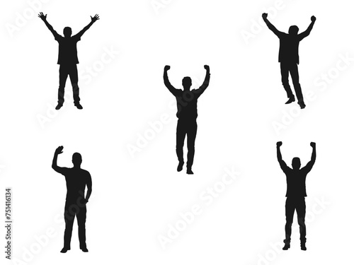 people raising hand silhouettes. Cheering crowd at a concert. People raising hand at the concert. Black silhouette man with her hands raised. template in flat style. isolated on white background.