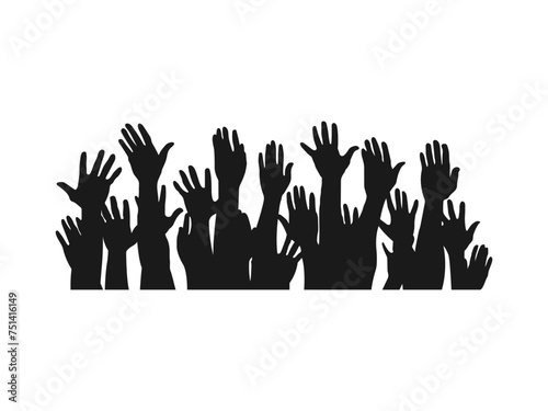 people raising hand silhouettes. Cheering crowd at a concert. People raising hand at the concert. Large group of people with raising hands isolated. vector flat style. isolated on white background.