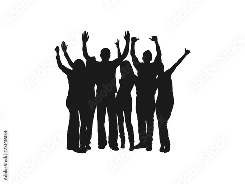 people raising hand silhouettes. Crowd of fun people. A young group of people raised their hands up. People raising hand at the concert design template in flat style. isolated on white background.