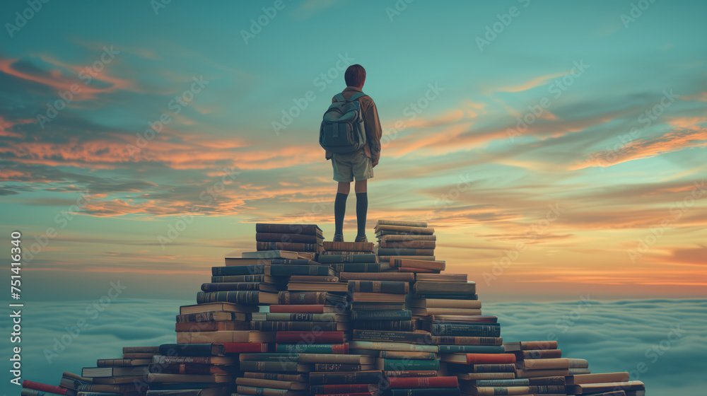 A student stands atop a pyramid of books on a hill above the clouds symbolizing success in education. Ai generative illustration A student stands atop a pyramid of books on a hill above the clouds symbolizing success in education. Ai generative illustration