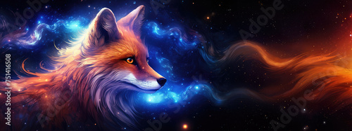 Red fox against cosmic background with space, stars, nebulae, vibrant colors, flames; digital art in fantasy style, featuring astronomy elements, celestial themes, interstellar ambiance photo