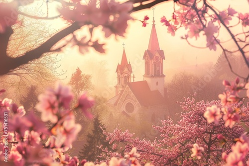 A Serene Spring Morning: Church Steeples Rising Majestically Above a Sea of Blossoming Flowers, Painting a Picture of Peace and Renewal