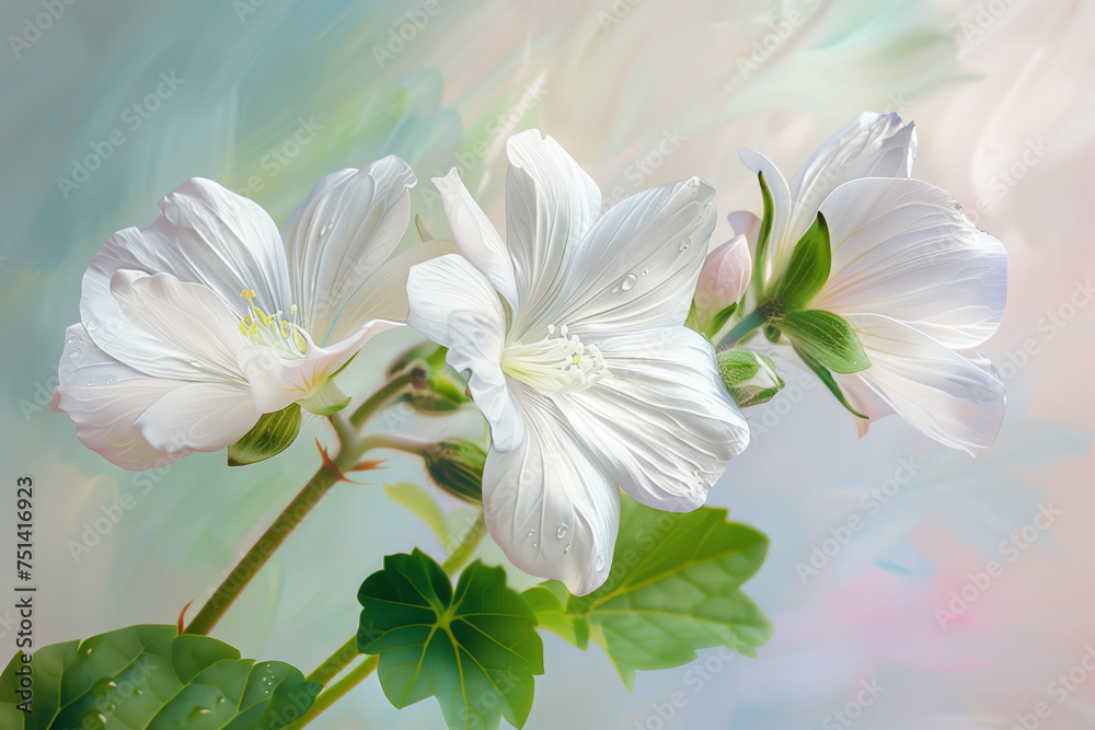 Fototapeta premium Beautiful white spring flowers with raindrops on the petals