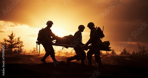 Silhouettes of Army Soldiers and Medics Carrying a Wounded Comrade to Safety photo