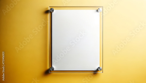 A blank glass poster on a yellow wall with copy space for mock up or advertising concepts. Ai generative illustration