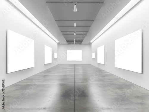 A gallery interior with blank canvases on walls for art display. Ai generative illustration