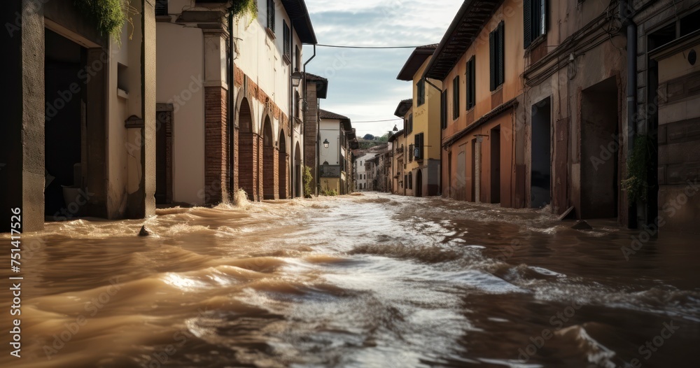 An Alleyway Submerged as Torrential Floods Charge into Surrounding Buildings