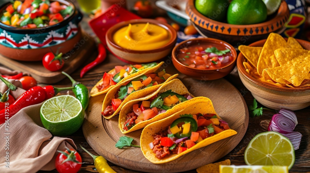 Mexican tacos filled with meat and vegetables, accompanied by salsa and nachos on a wooden table.
