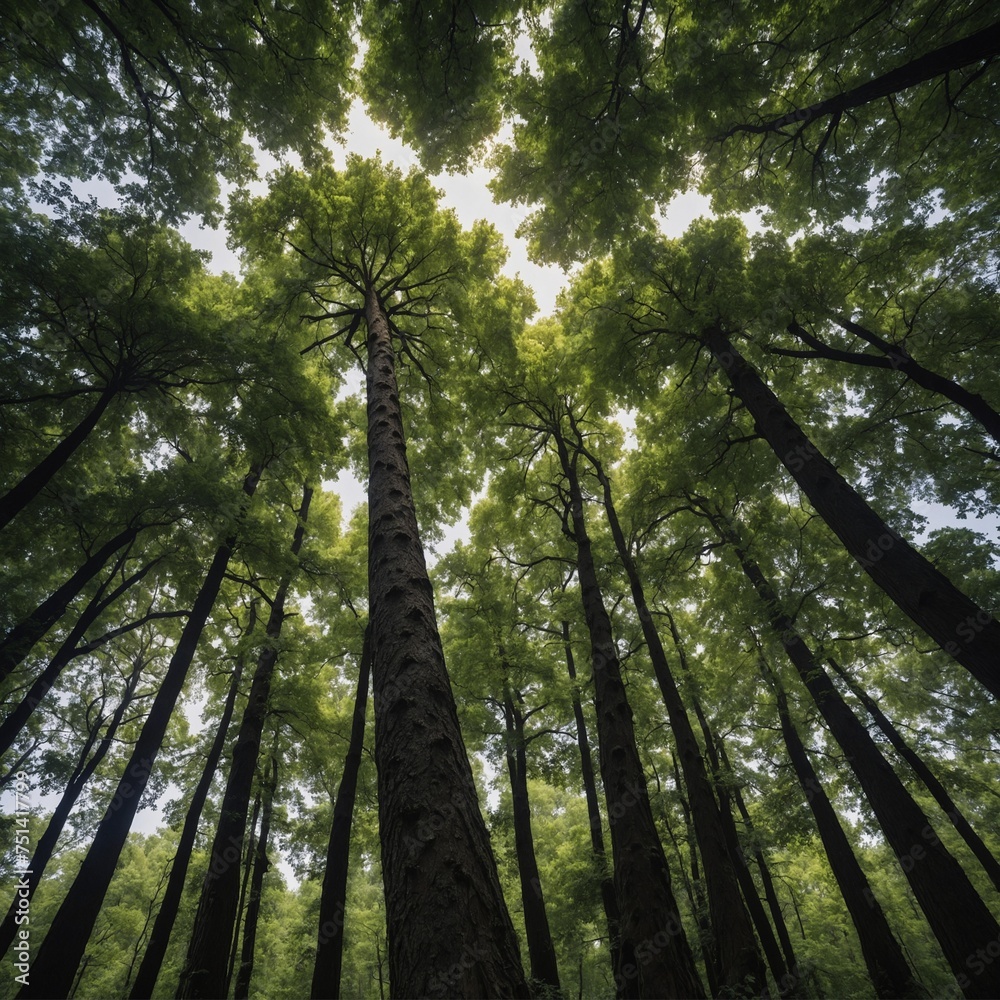 Fototapeta premium Seen tall, green and fresh trees from below